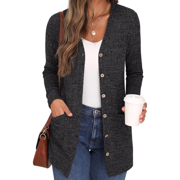 Grecerelle Womens Gray Open Front Button Down Ribbed Knit Lightweight Sweaters - Picture 1 of 6